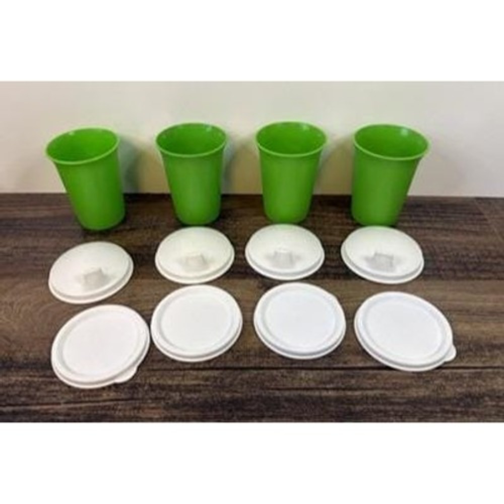 Lot Of 4 Vintage Green Tupperware 4" Bell Tumblers With Sippy & Flat Lids